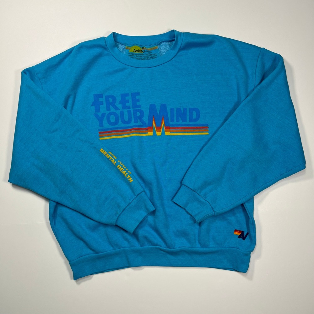 Aviator Nation Sweatshirt Unisex Medium Blue Free Your Mind Rainbow Graphic